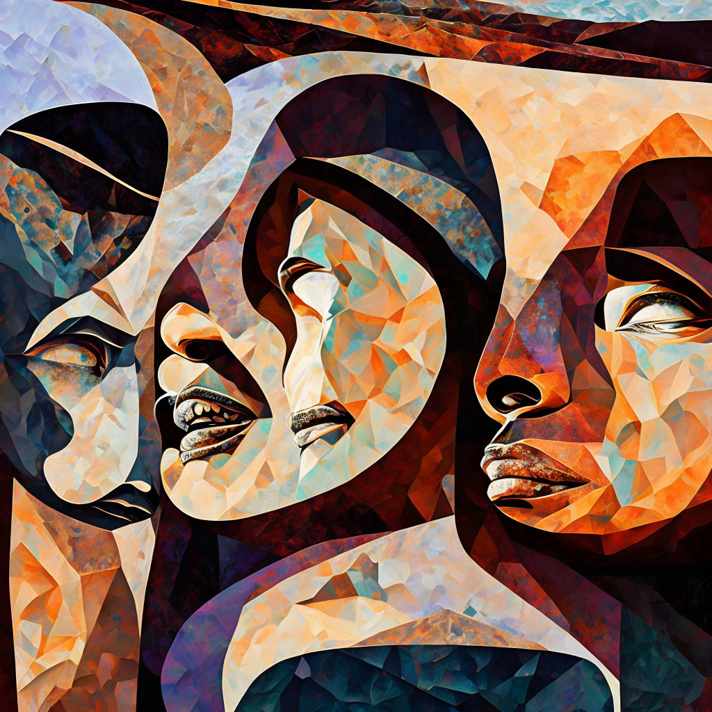 Colorful Geometric Abstract Art with Overlapping Faces and Warm Tones