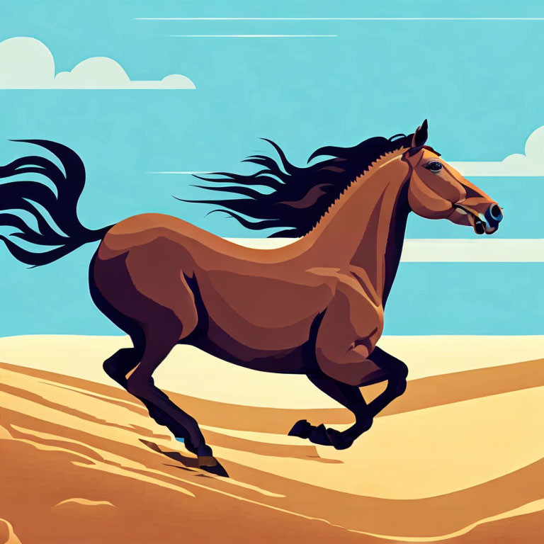 Stylized brown horse galloping in blue sky and sandy terrain