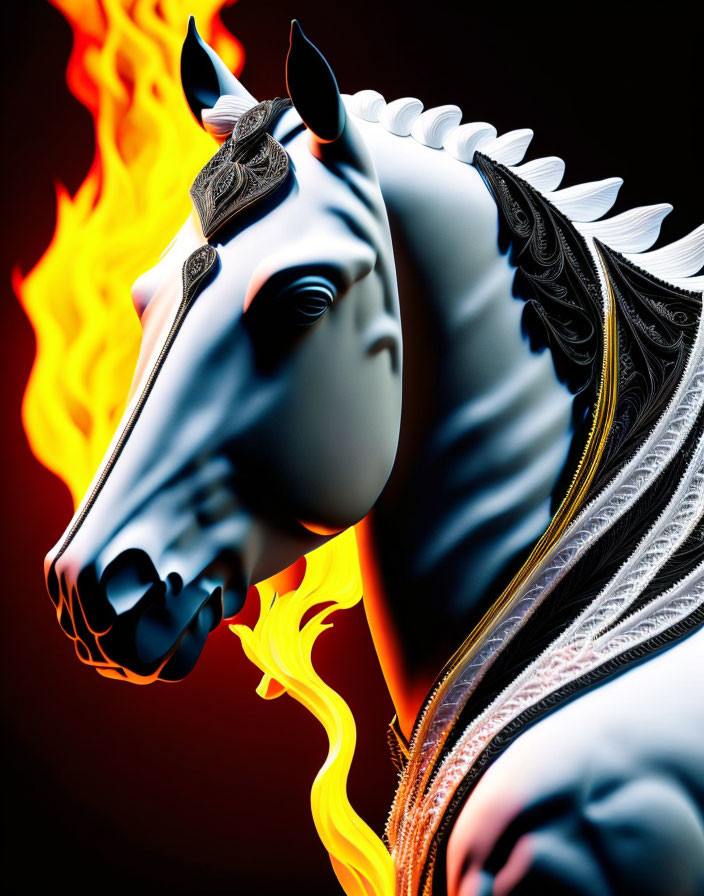 White horse with flaming mane in ornate tack on black background