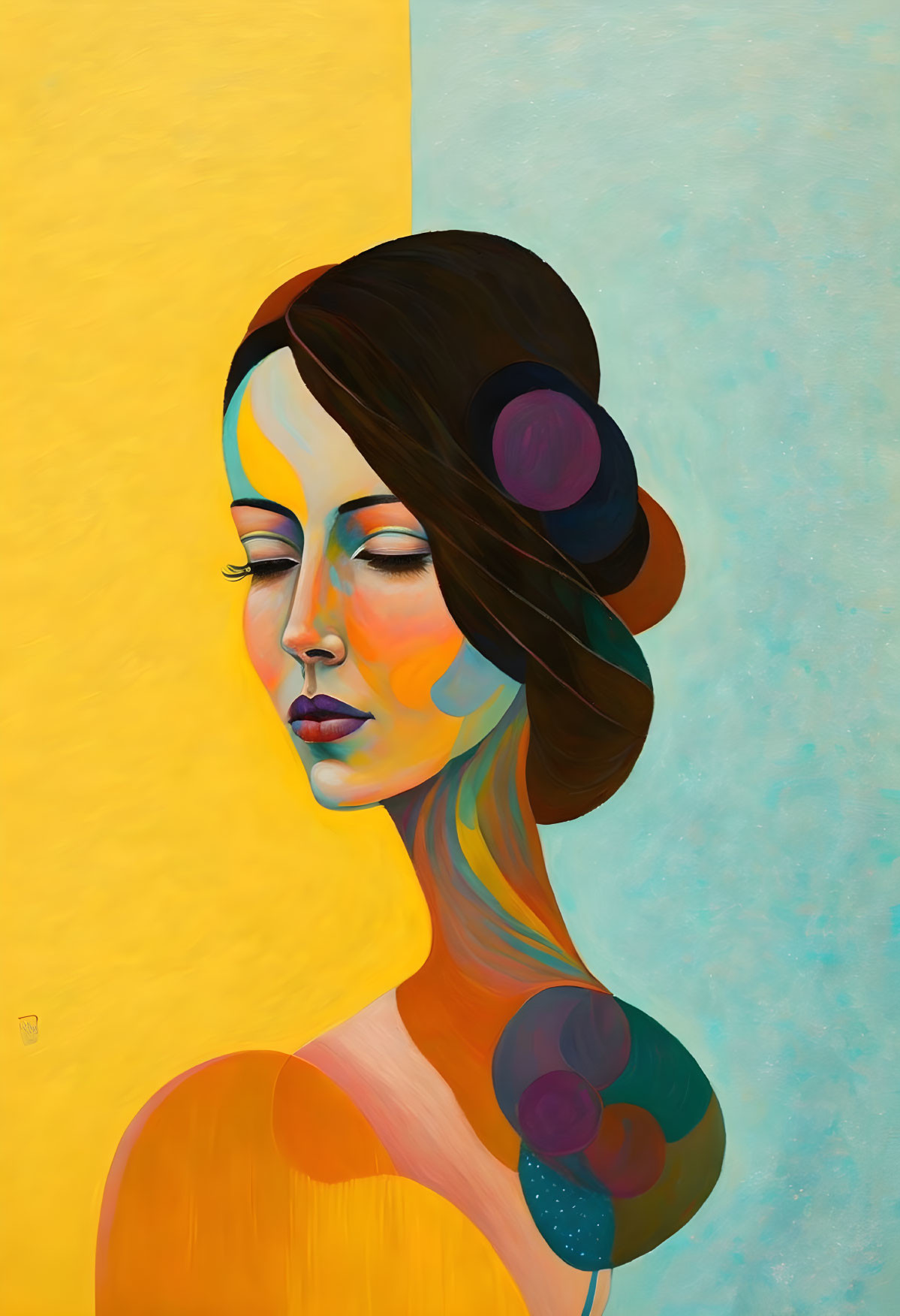 Colorful Stylized Portrait of Woman on Yellow Background