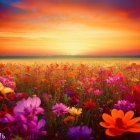 Colorful Wildflower Field Under Orange Sunset Sky