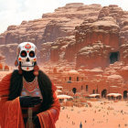 Figure in red skull mask against futuristic desert backdrop.