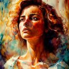 Colorful Watercolor Portrait of Woman with Curly Hair