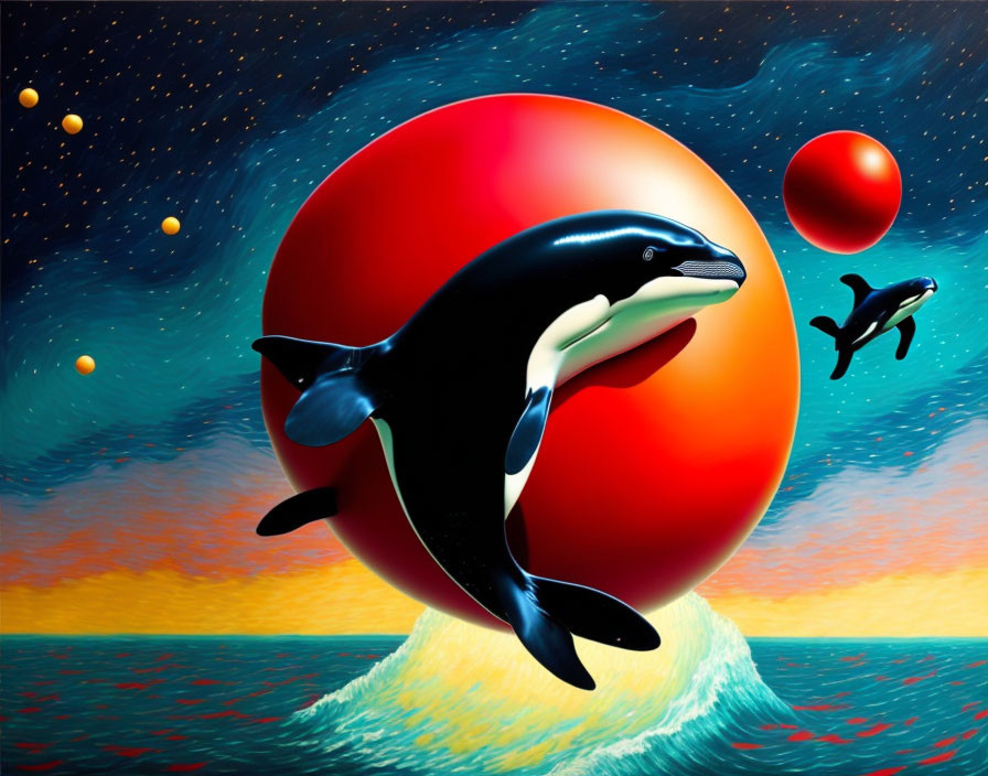 Surreal painting: orcas leaping from ocean to space