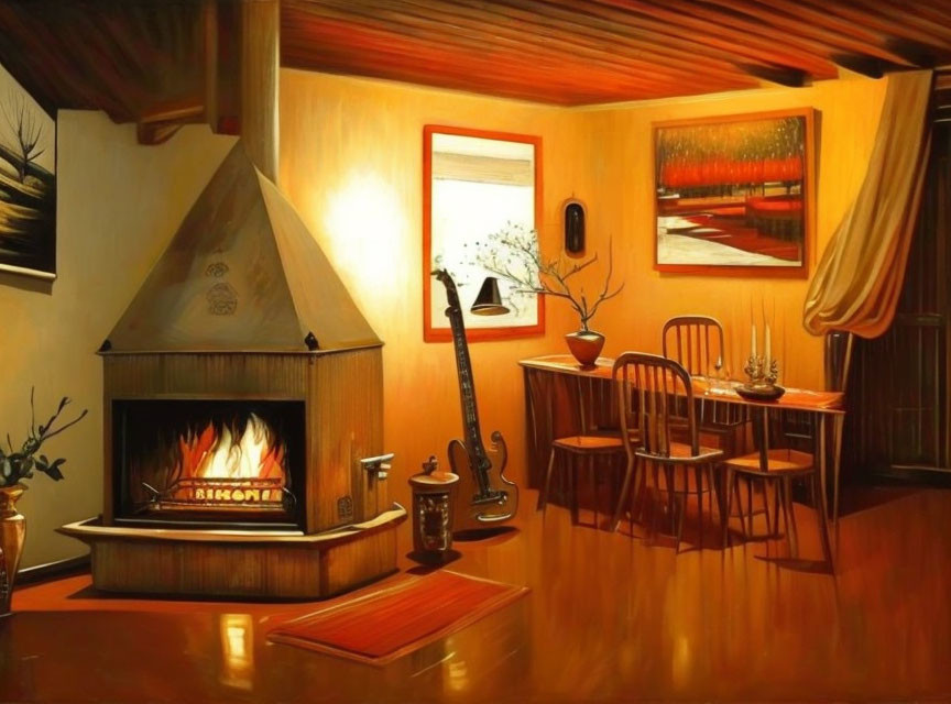 Warmly lit room with fireplace, dining set, paintings, window view, and floor lamp