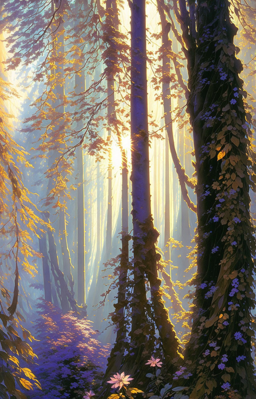 Misty forest scene with sunlight filtering through trees