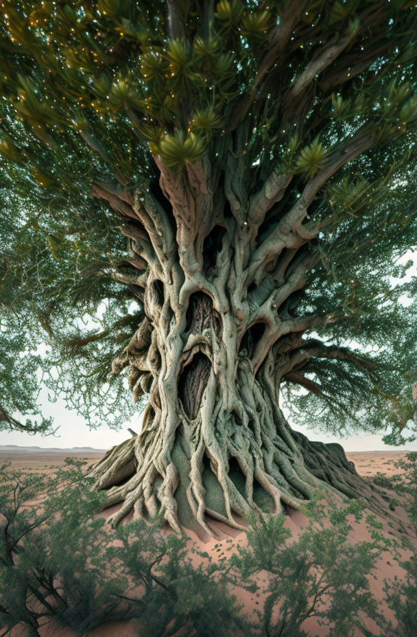 Twisted roots of ancient tree on sandy soil with dense canopy