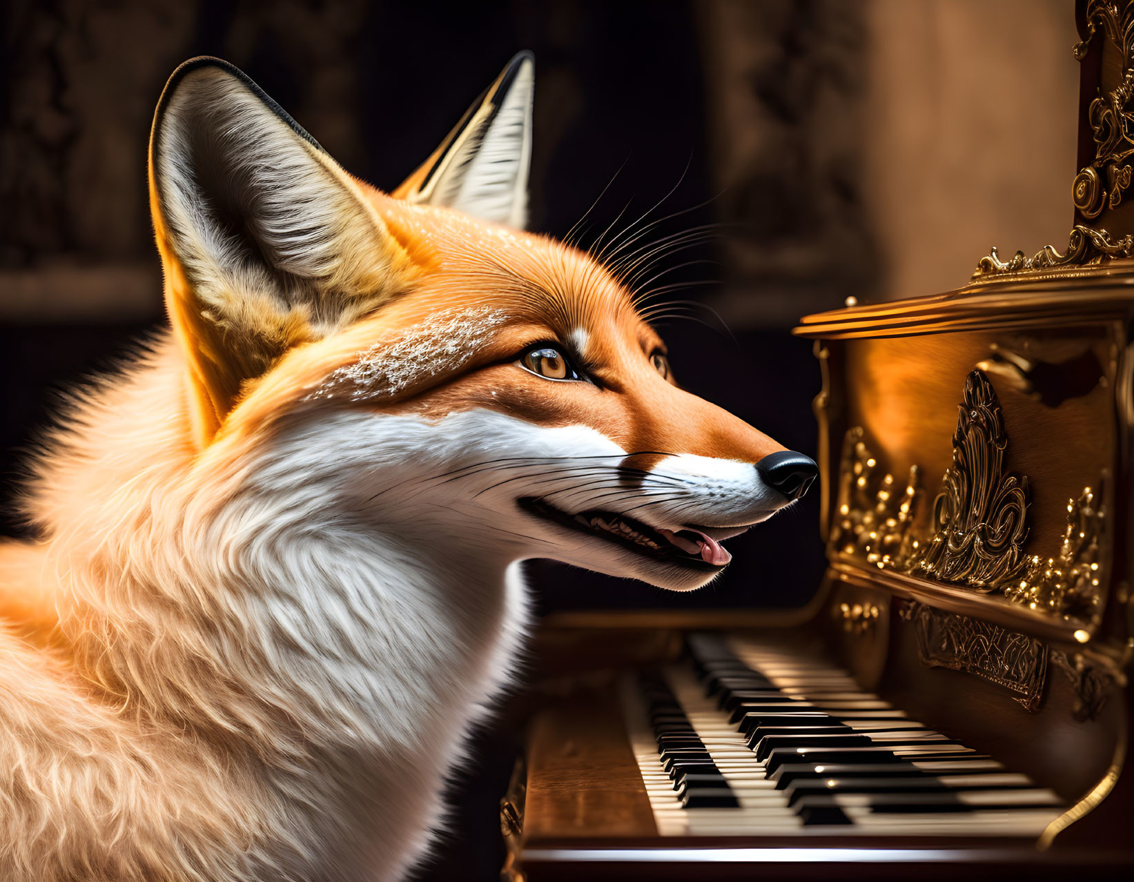 Detailed portrait of a red fox by a golden piano