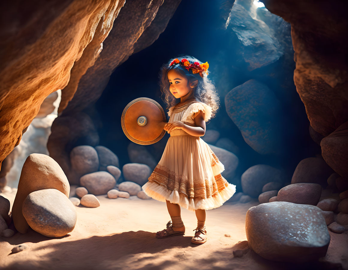 Young girl in vintage dress with flower crown in sunlit cave holding shield