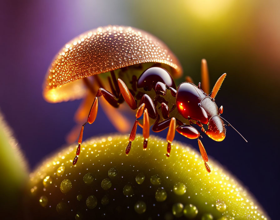 Dew-Covered Ant on Green Surface with Purple Background