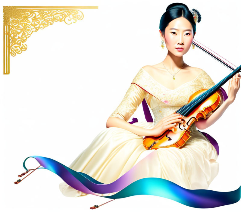 Traditional attire woman plays violin with colorful abstract waves on white background.