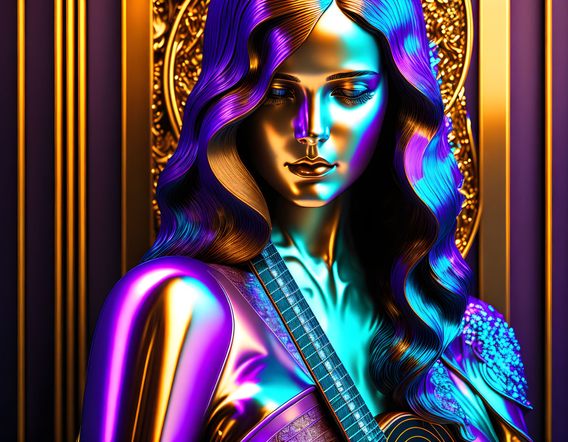 Colorful digital artwork: Woman with iridescent skin on golden background