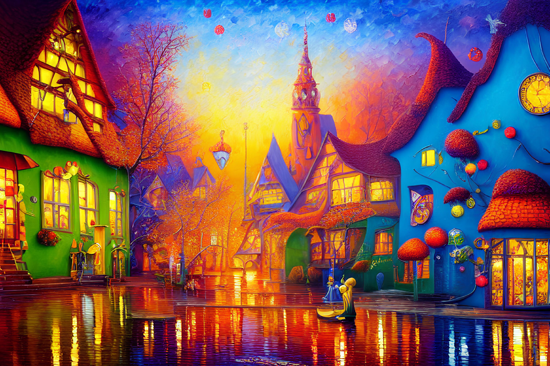 Colorful Curved Buildings in Whimsical Village at Night