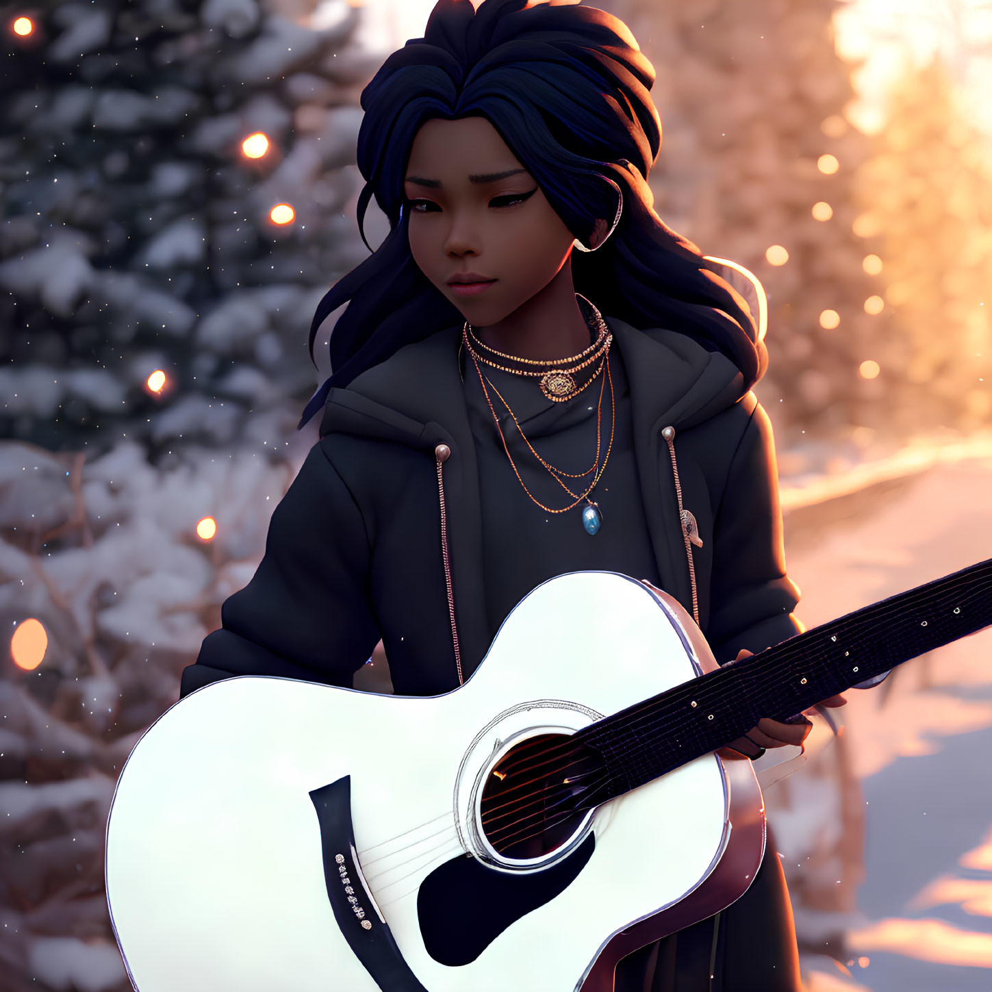 Digital artwork: Young woman with blue hair holding white guitar in snowy scene