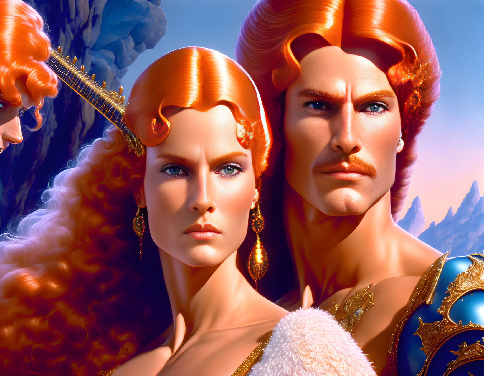 Detailed digital art of man and woman with red hair in fantasy attire against mountain backdrop