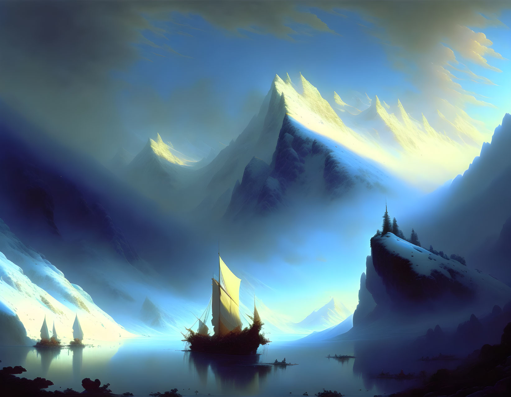 Fantasy landscape with ships sailing through glacial valley