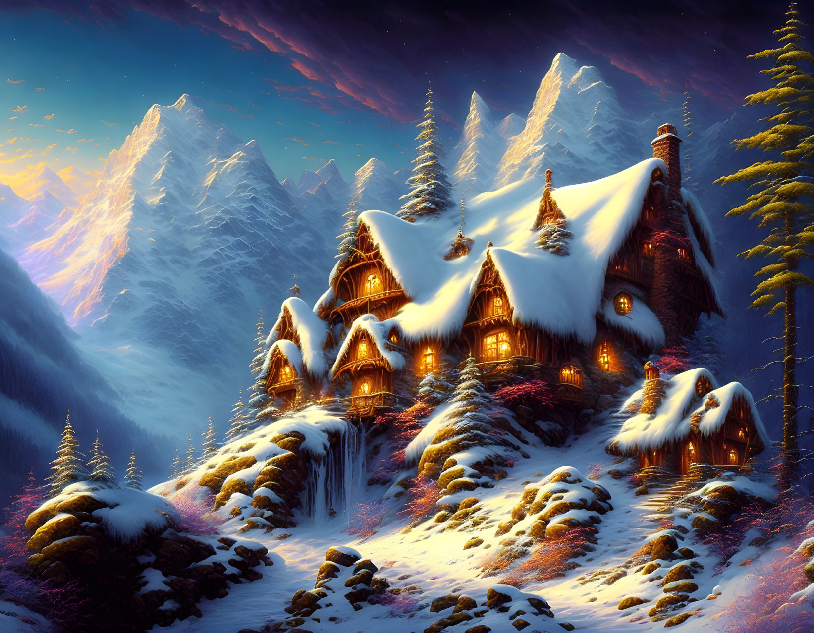 Snow-covered mountain cabin in twilight with warm lights