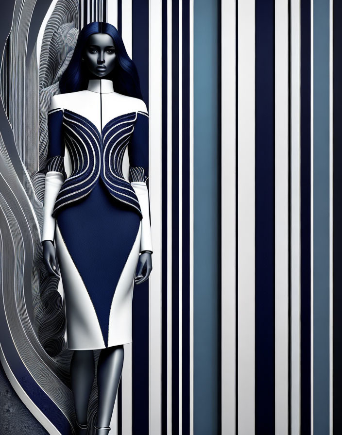 Blue-skinned female figure in white and blue dress on blue & white striped background