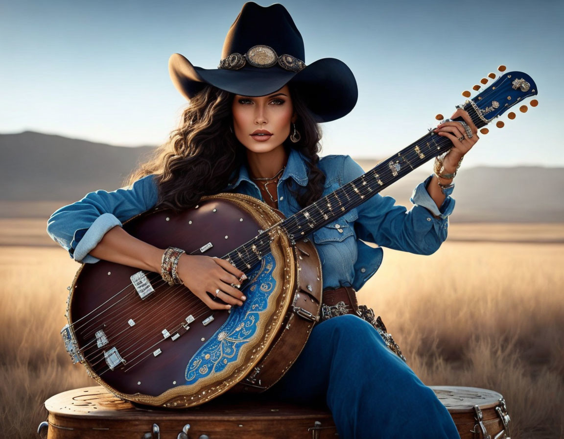 Cowboy hat woman with guitar in grassy field at dusk