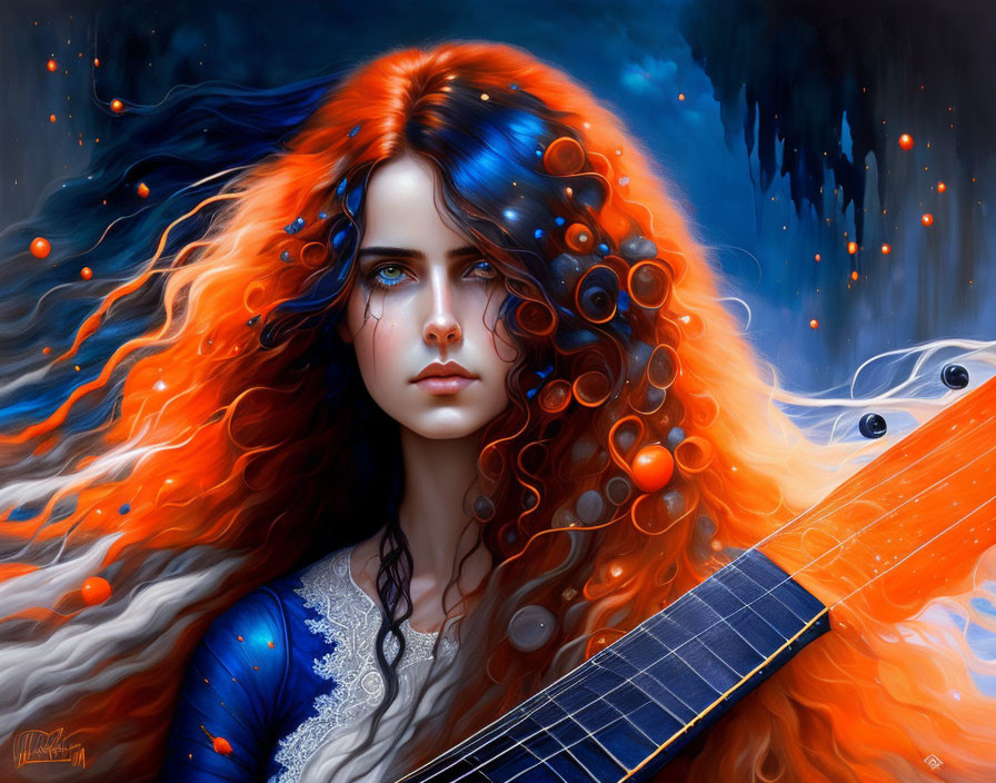 Vibrant digital artwork of woman with red and orange hair holding a guitar