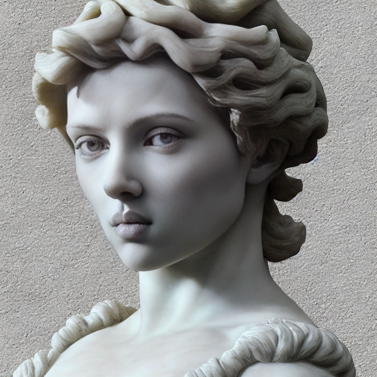 Classical sculpture of woman with flowing hair and detailed facial features