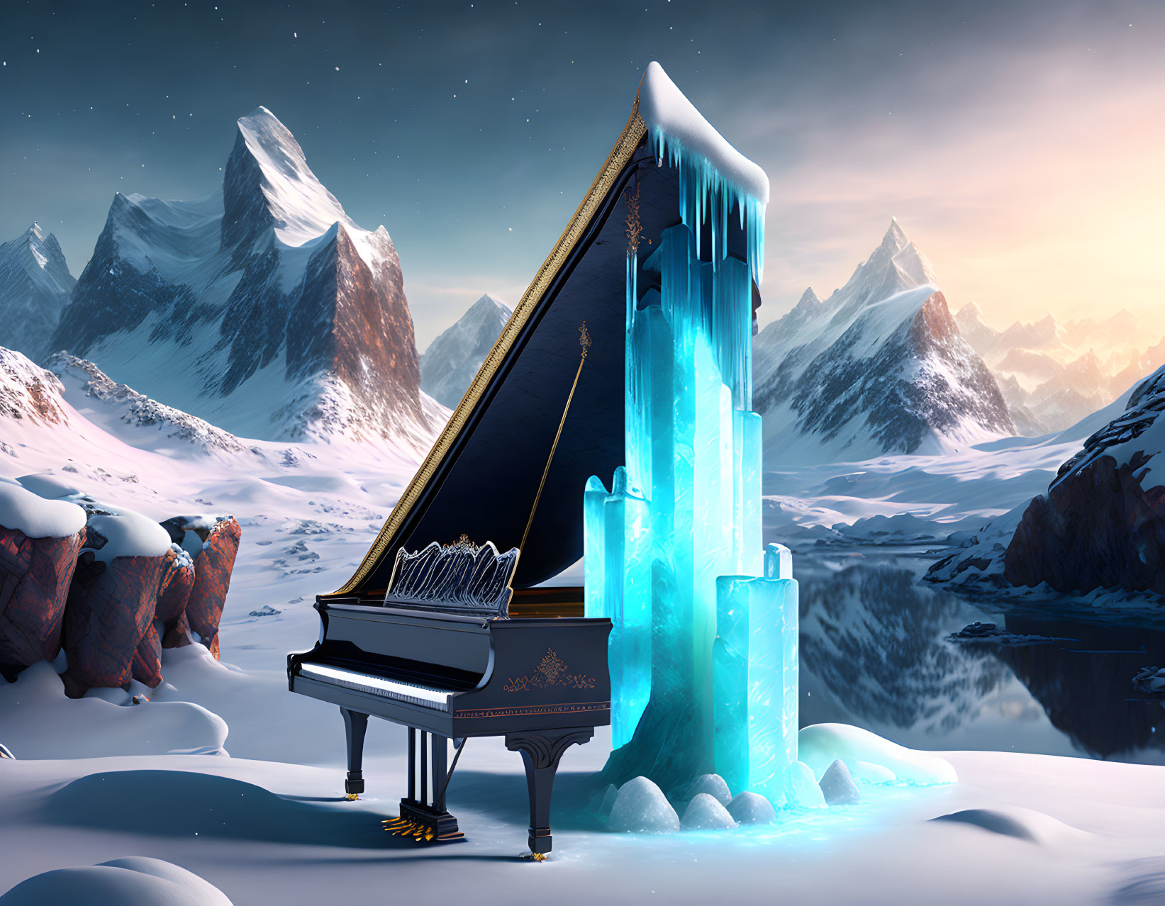 Grand Piano with Icy Waterfall in Snowy Mountain Landscape