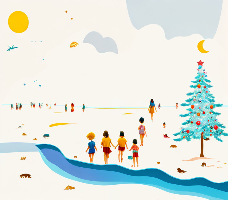 People in summer attire walking to a Christmas tree in surreal landscape