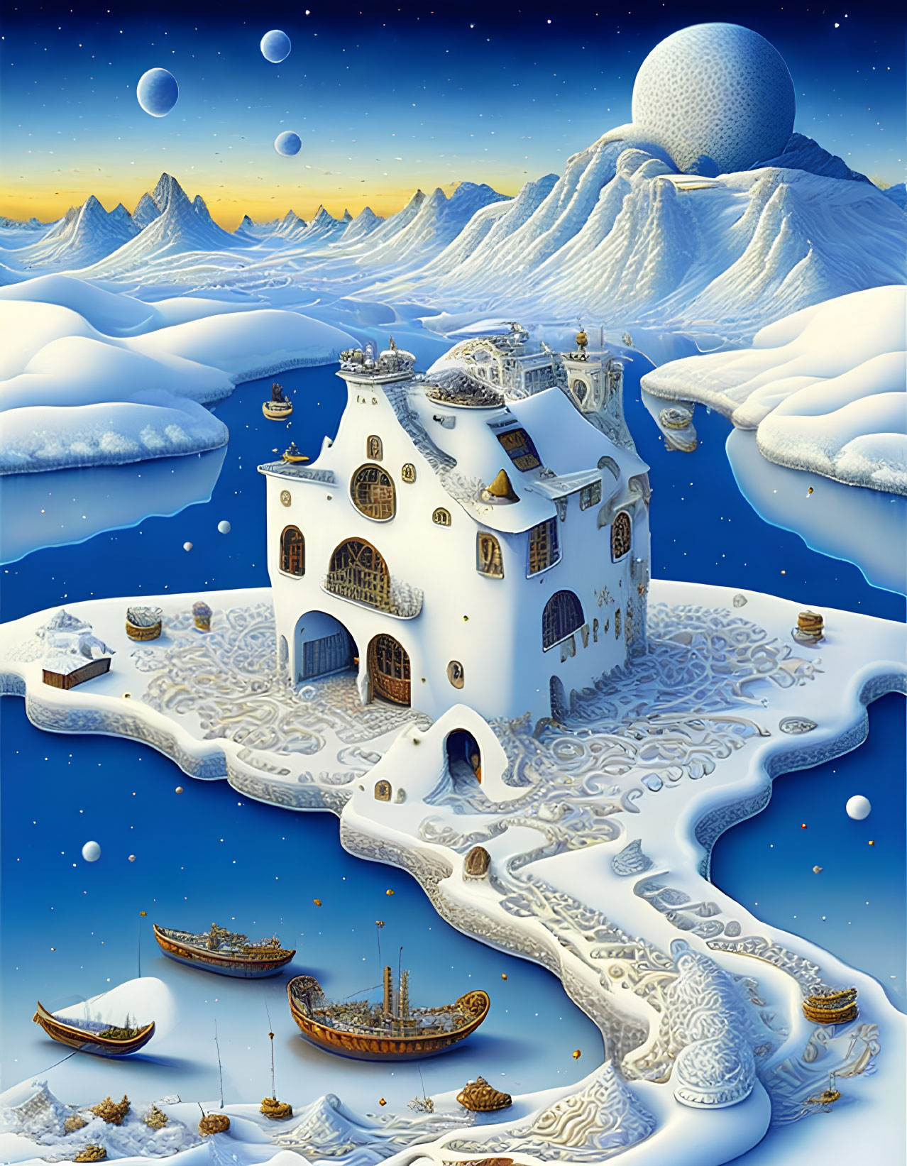 Fantastical winter castle scene with frozen river and celestial sky