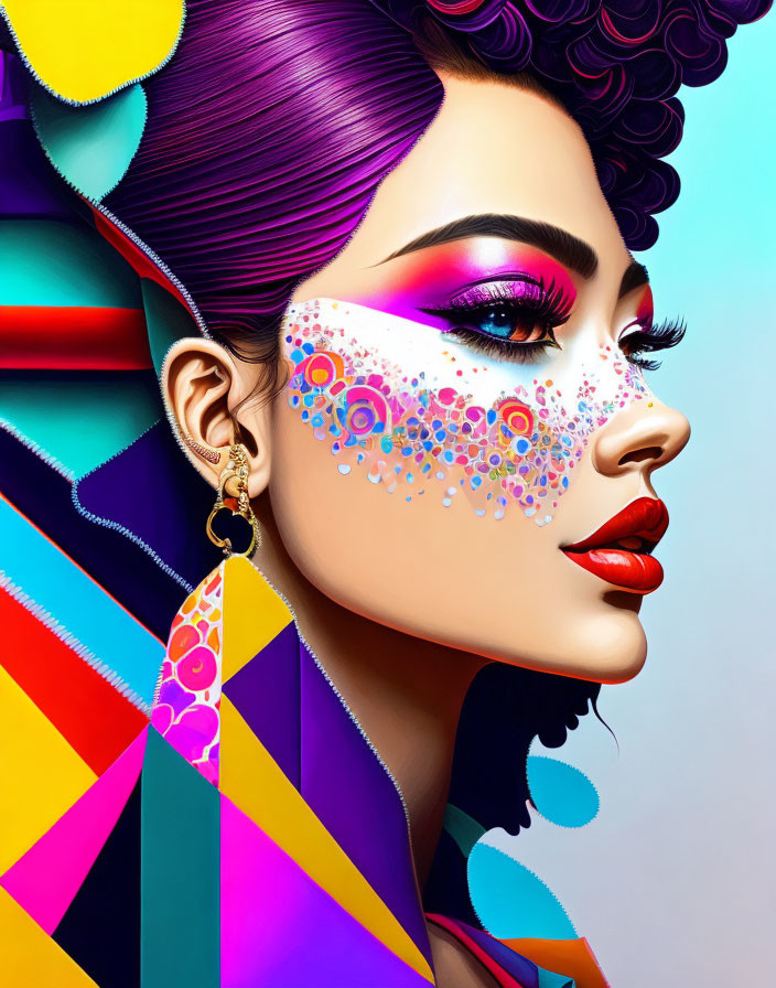 Colorful makeup woman portrait with geometric patterns on abstract background