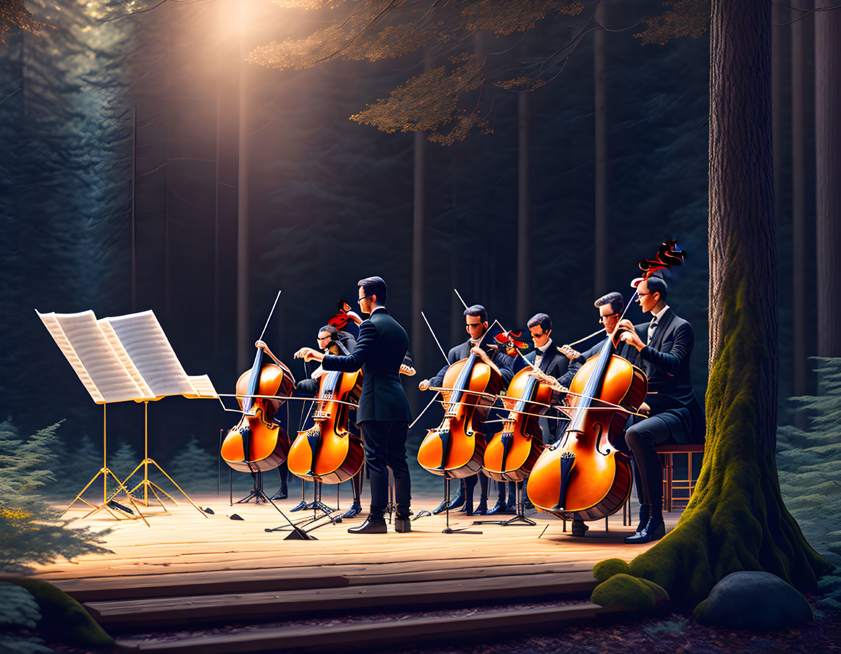 Outdoor forest string quartet performance with cellos and violins.