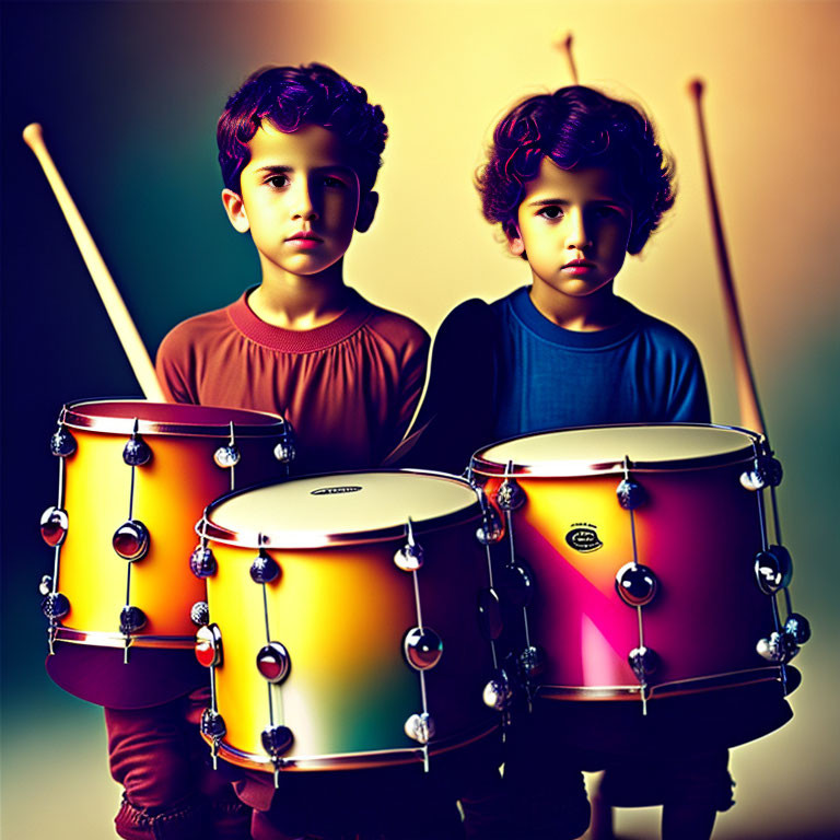 Children standing with colorful drums on gradient background