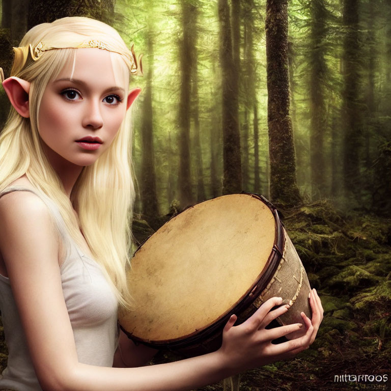 Blonde-haired elf with drum in enchanted forest with misty trees