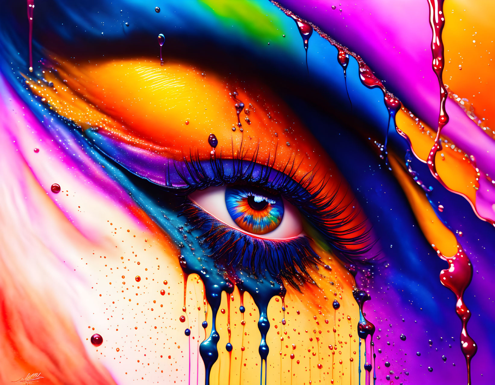 Close-up Eye with Multicolored Liquid Art: Abstract Psychedelic Image