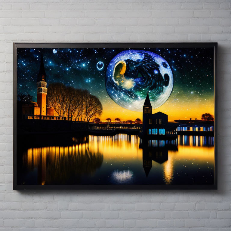 Surreal landscape canvas print with reflective lake and celestial sky