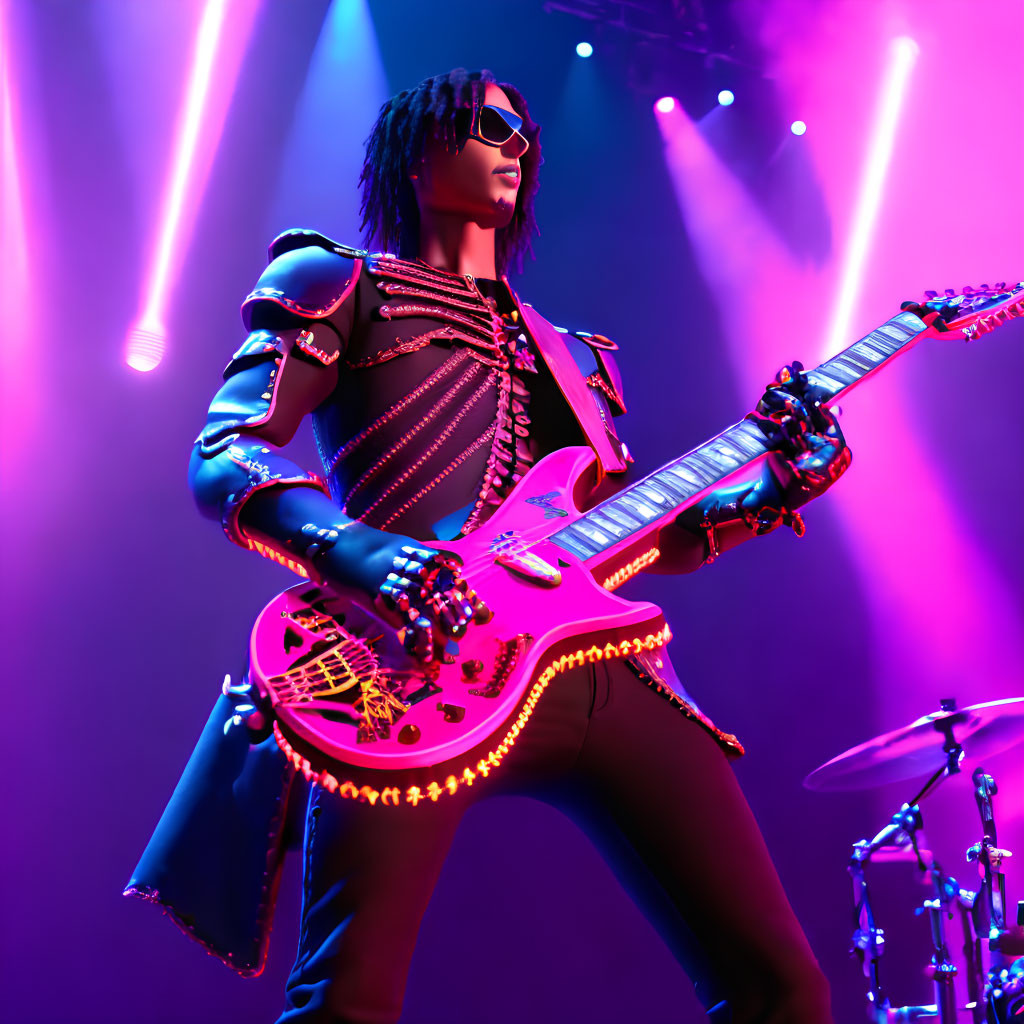 Performer in sunglasses plays red guitar on brightly lit stage