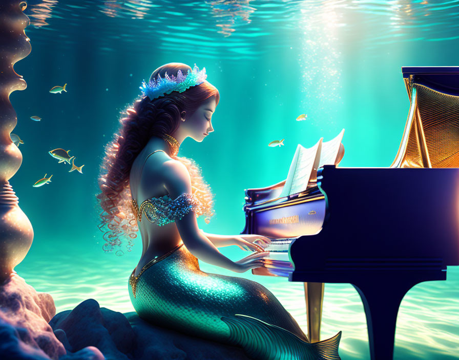 Mermaid with tiara plays grand piano underwater surrounded by fish