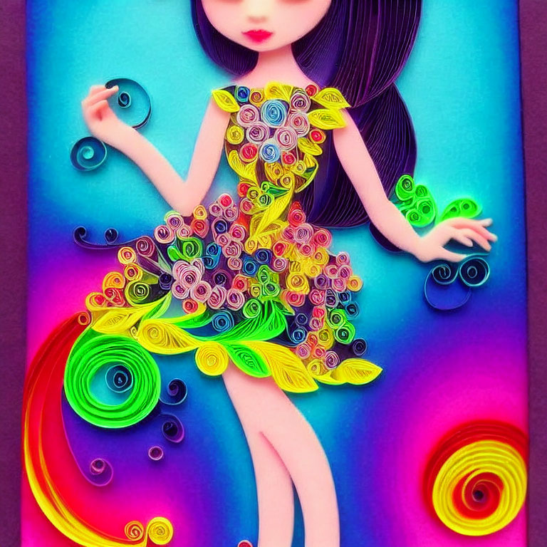 Vibrant paper quilling art of girl with dress and hair on gradient background