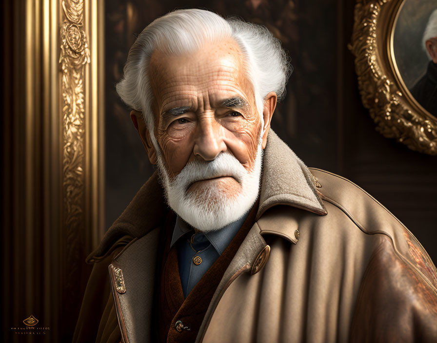 Detailed 3D illustration of elderly man in coat and white beard on dark background