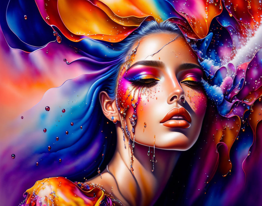 Colorful digital artwork: Woman with abstract, flowing hair in purple, orange, and blue palette