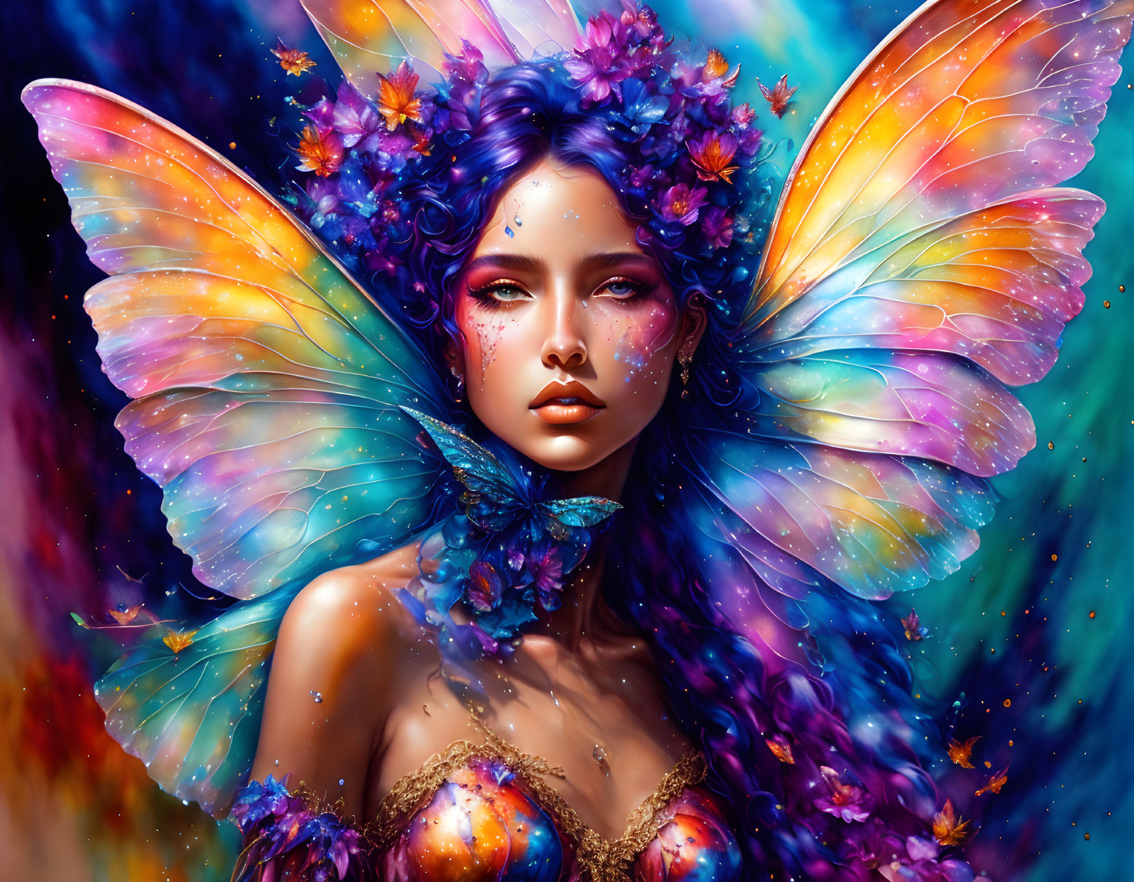 Colorful fairy illustration with multicolored wings and floral hair.