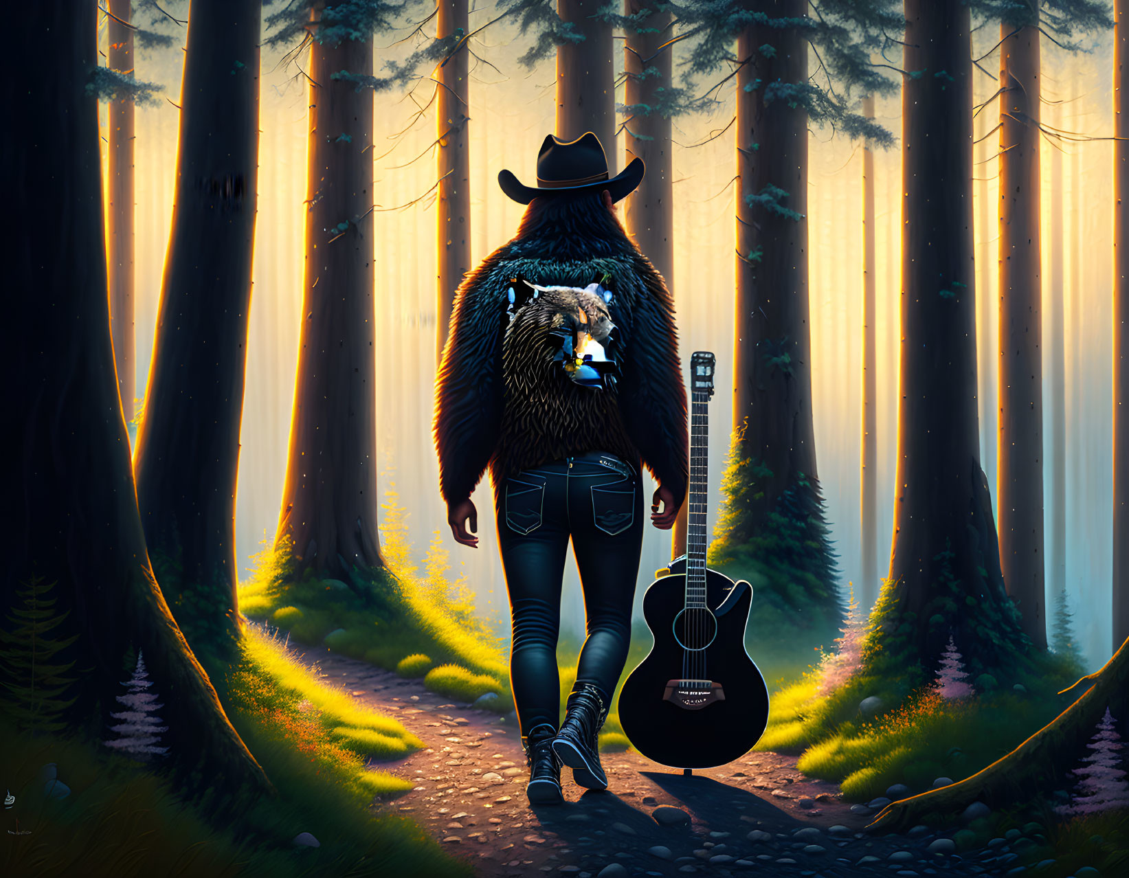 Anthropomorphic bear in cowboy hat with coffee mug and guitar in forest