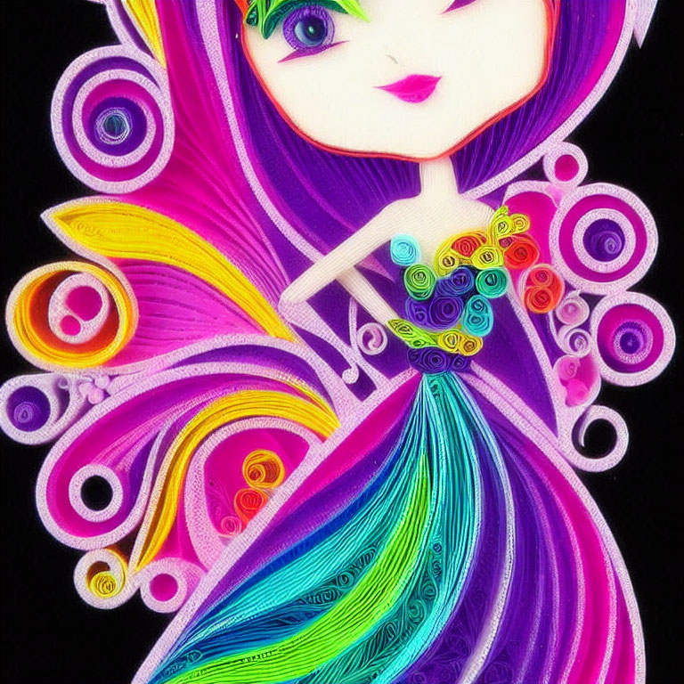 Colorful paper quilling artwork of a whimsical fairy with swirling patterns