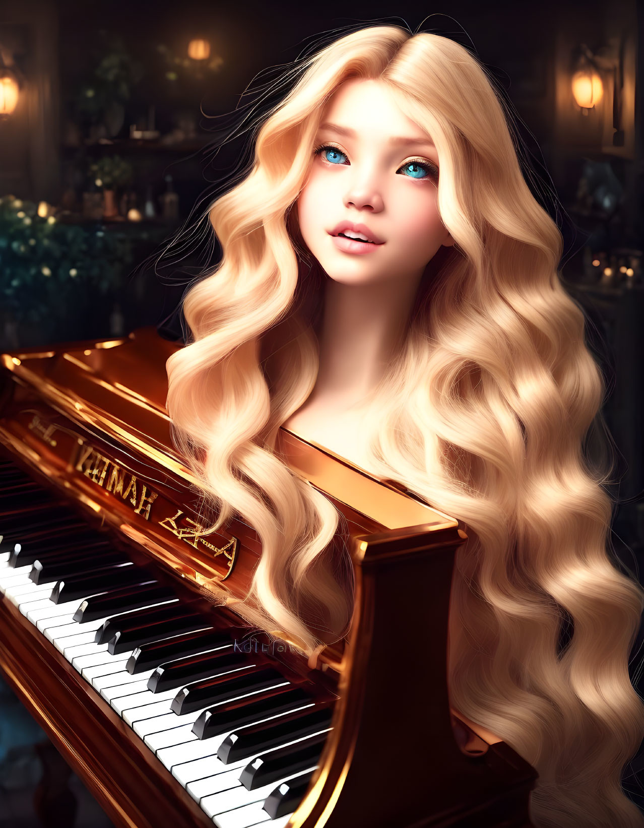 Digital Artwork: Young Woman with Long Blonde Hair at Grand Piano