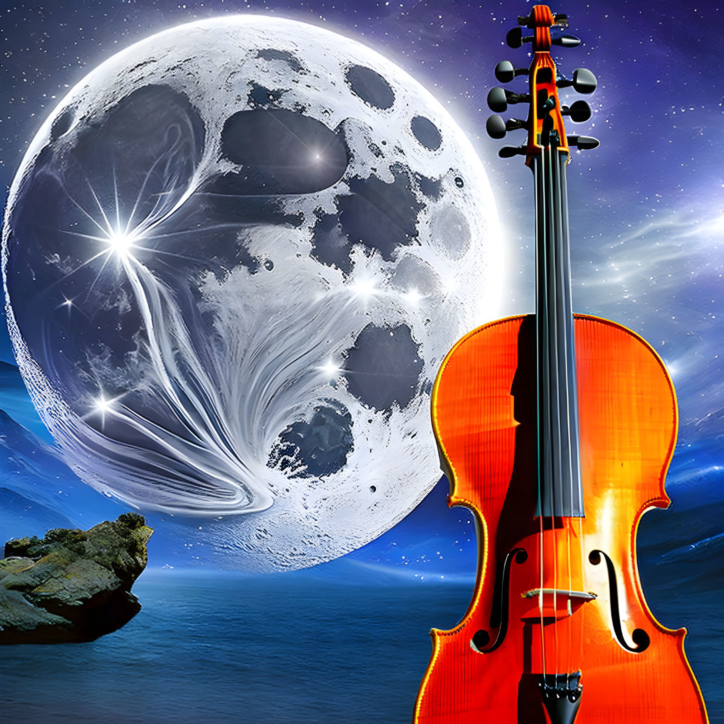 Vibrant orange violin against fantastical moonlit backdrop