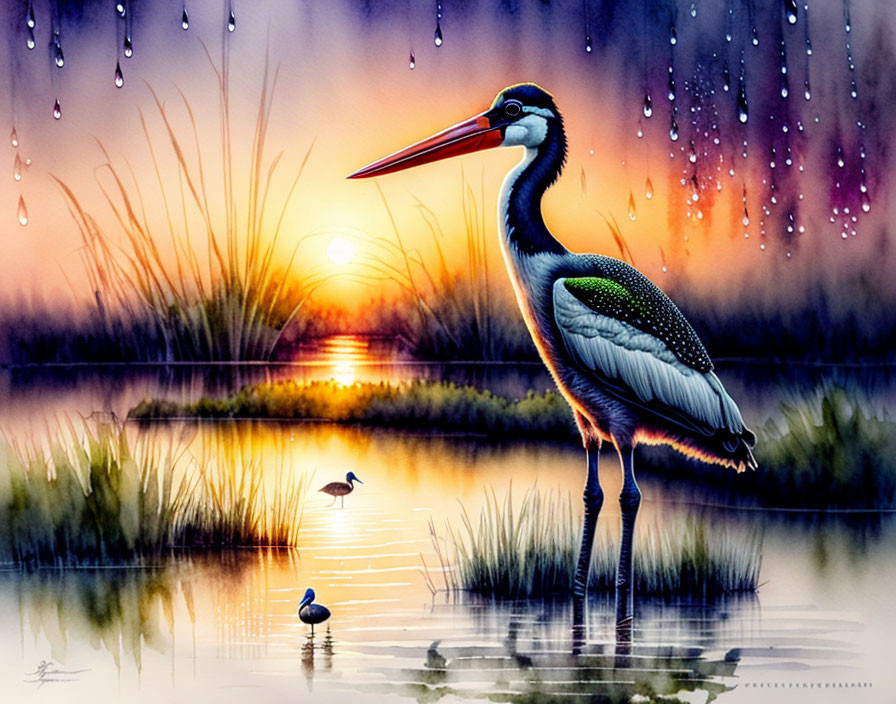 Colorful Heron Painting with Sunset and Dewdrops by Waterside