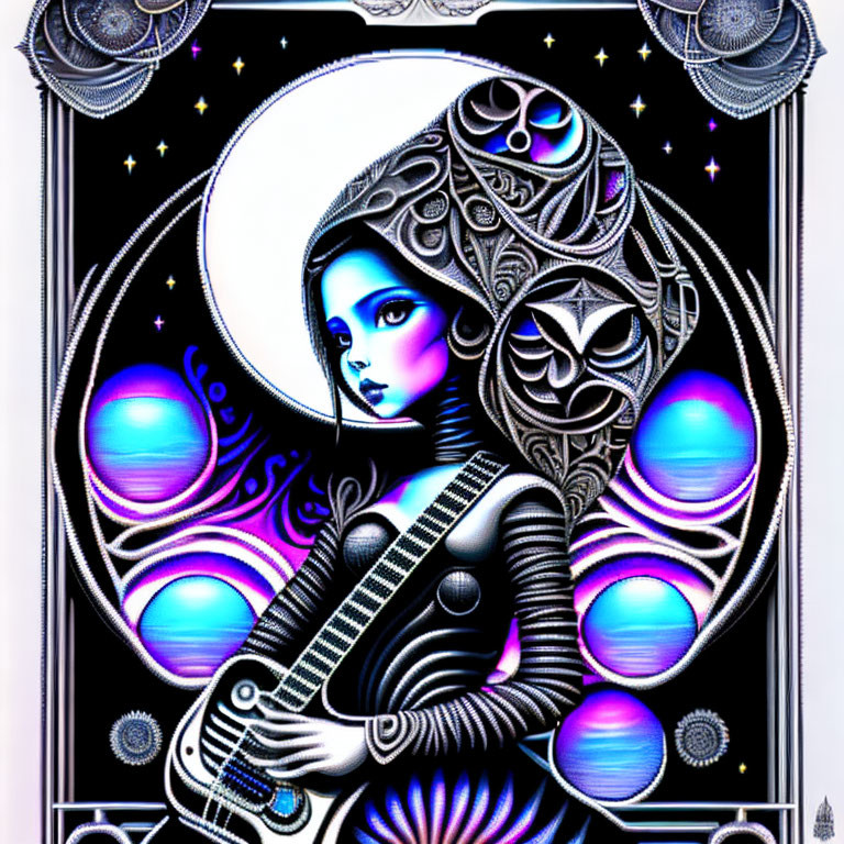 Colorful illustration of woman with intricate patterns holding guitar in cosmic background