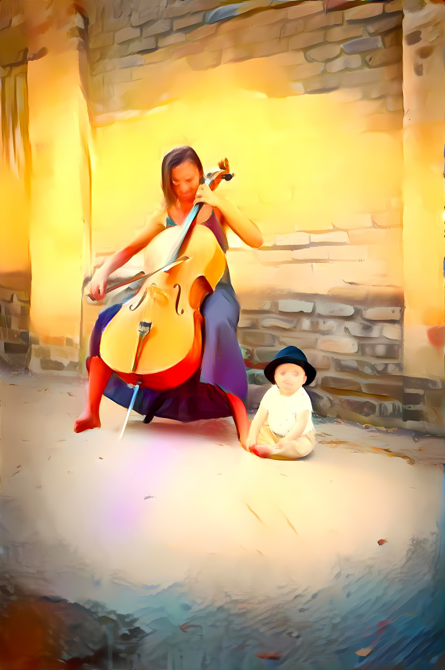 Woman with a child and a cello on the street