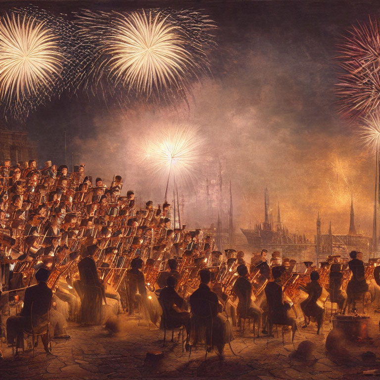 Nighttime orchestra performance under fireworks with cityscape silhouette