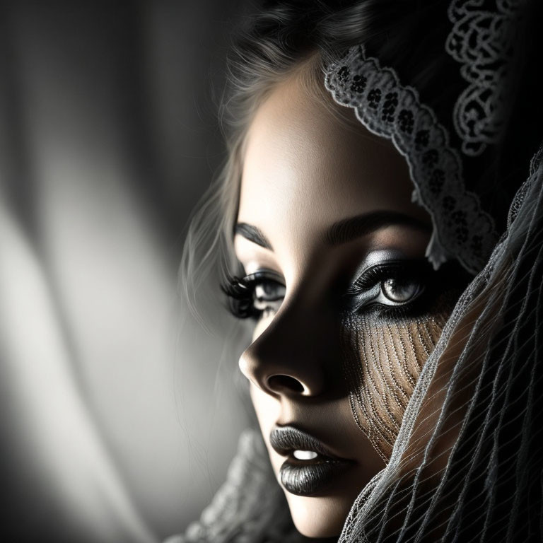 Dark Makeup and Lace Veil Close-Up: Captivating Eyes and Soft Features