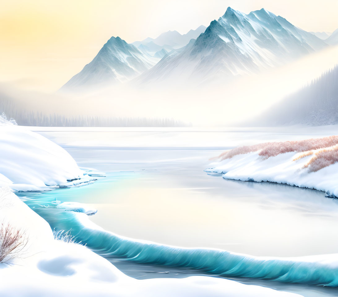 Snow-covered winter landscape with frozen river, misty mountains, and warm-hued sky